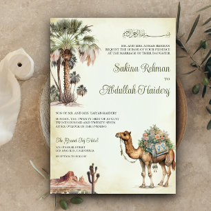 Invitación Código QR de camello del desierto de palmeras árab