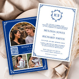 Invitación Código QR de Colaje de Fotos Azul Real Boda Monogr