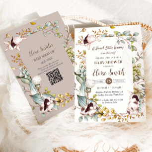 Invitación Código QR de conejitos botánicos vintage para baby