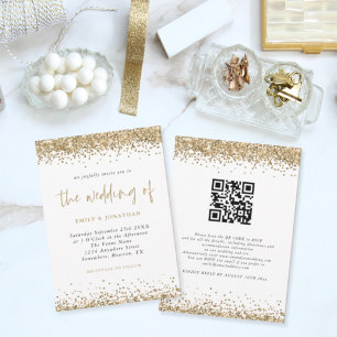 Invitación Código QR de Confeti Brillante Dorado para Boda