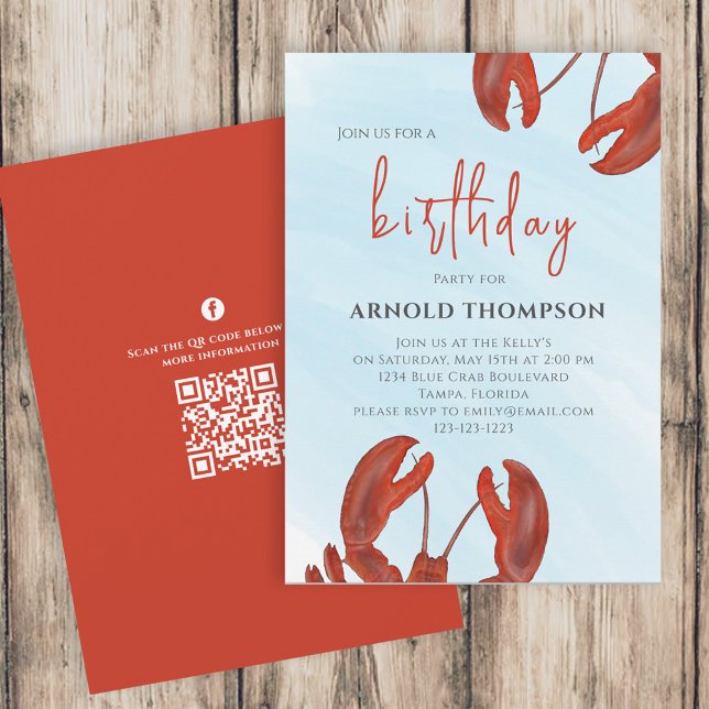Invitación Código QR de cumpleaños simple acuarela Langostino (Subido por el creador)