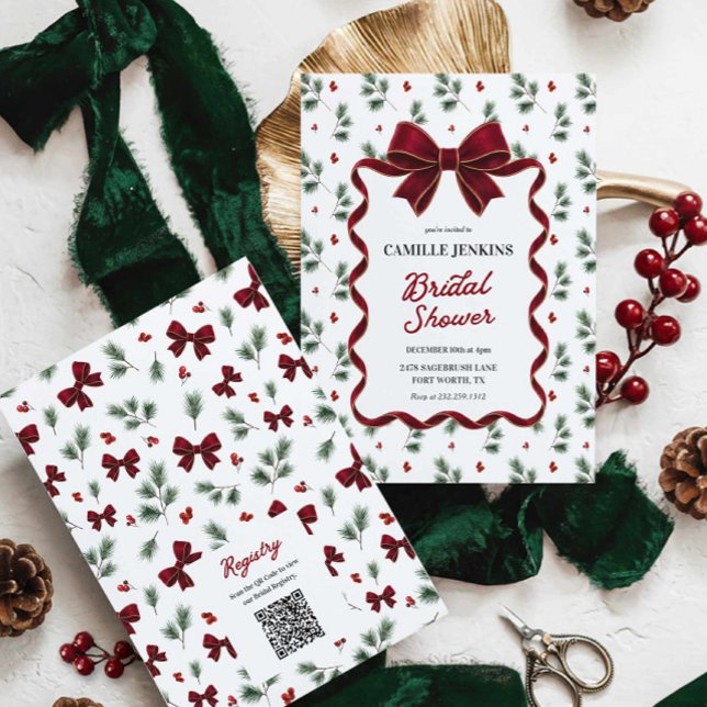 Invitación Código QR de Despedida de Soltera de Navidad Elega (Christmas Red Bow Bridal Shower Invitation)