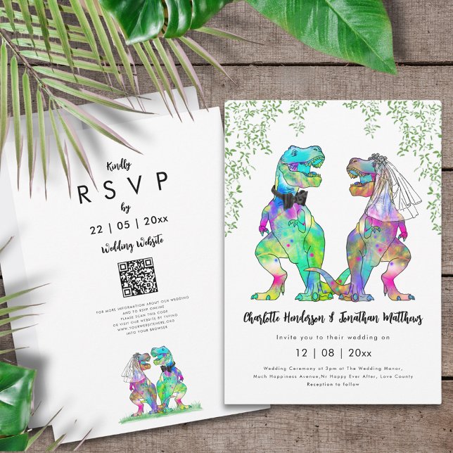 Invitación Código QR de Dinosaurios Temático Boda (Funny dinosaur themed wedding inviation with colorful psychedelic T-Rex bride and groom jungle )