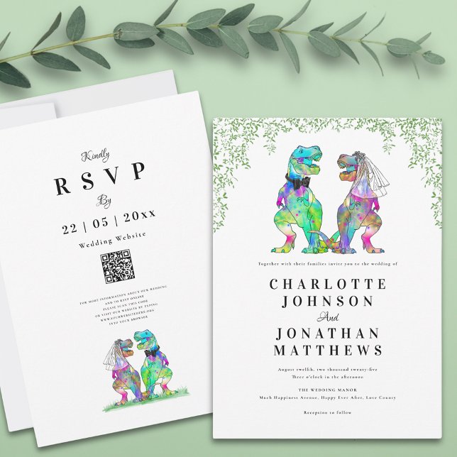 Invitación Código QR de Dinosaurios Temático Boda (Botanical dinosaur wedding invitation with qr code and watercolor eucalyptus foliage)