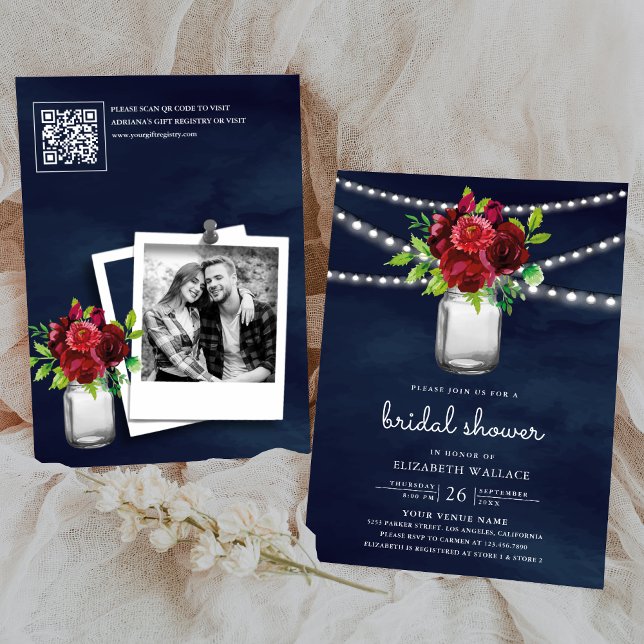 Invitación Código QR de Ducha de Novia Floral Rojo Burdeos Ma (Subido por el creador)