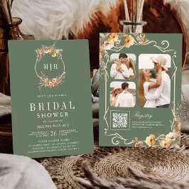 Invitación Código QR de ducha de novia verde salvia de flor s