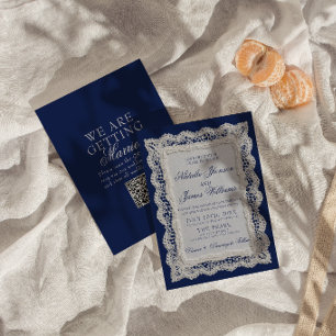Invitación Código QR de encaje azul real de dinero antiguo pa
