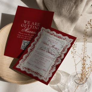 Invitación Código QR de encaje borgoña para boda de dinero an