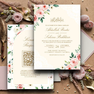 Invitación Código QR de encaje crema floral rosa para boda mu