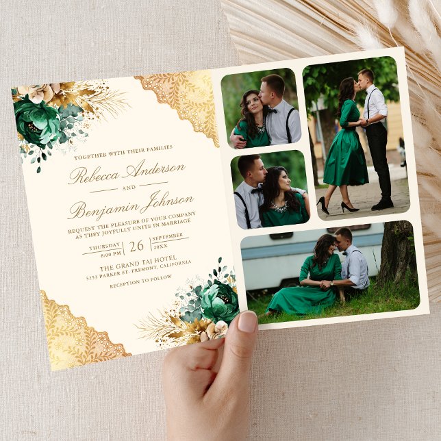Invitación Código QR de encaje dorado floral esmeralda Boda c (Subido por el creador)
