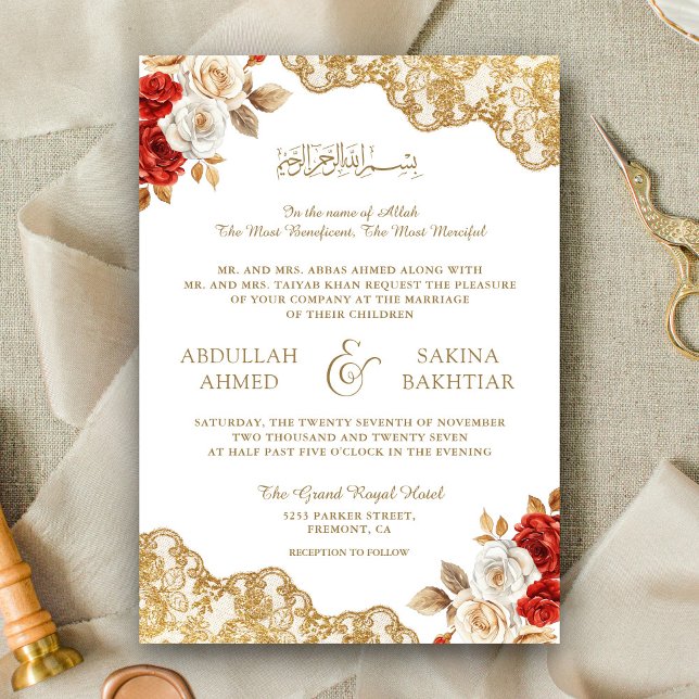 Invitación Código QR de encaje dorado floral marfil rojo Boda (Subido por el creador)