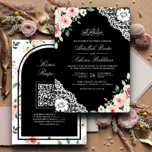 Invitación Código QR de encaje negro con flores rosadas para