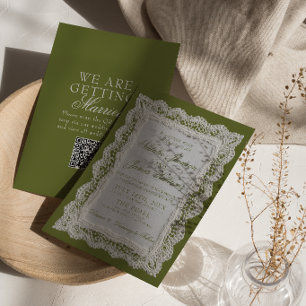 Invitación Código QR de encaje verde oliva antiguo dinero Doi