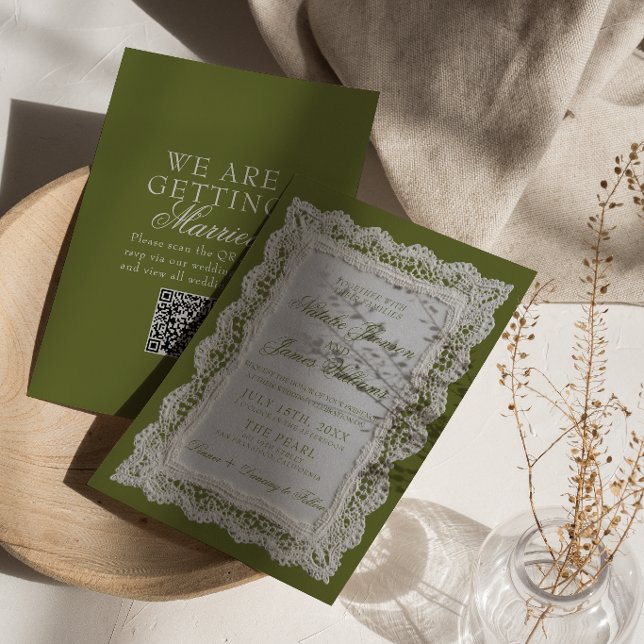 Invitación Código QR de encaje verde oliva antiguo dinero Doi (Subido por el creador)