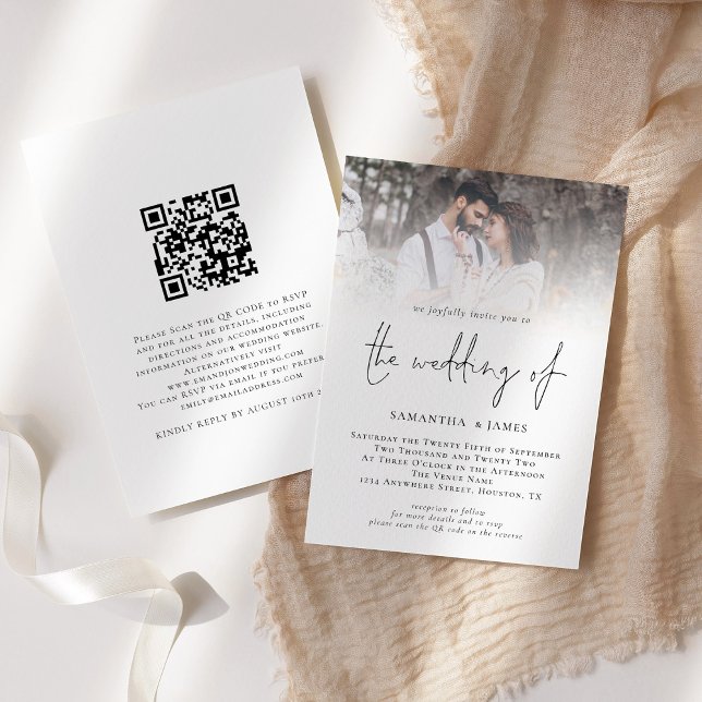 Invitación Código QR de Escritura Moderna Foto Boda (Front and back view. Available digital and printed)