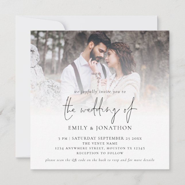 Invitación Código QR de Escritura Moderna Foto Boda Cuadrado  (Anverso)