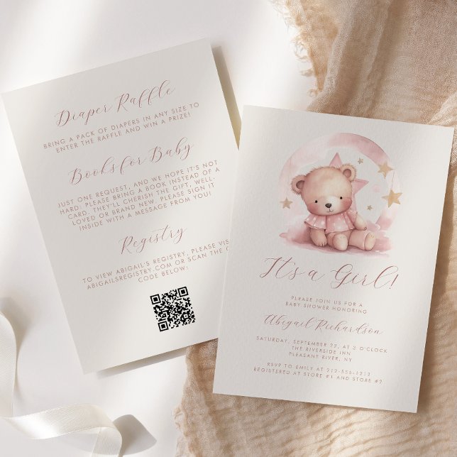 Invitación Código QR de Fiesta de Bebé de Niña con Oso de Acu (Subido por el creador)