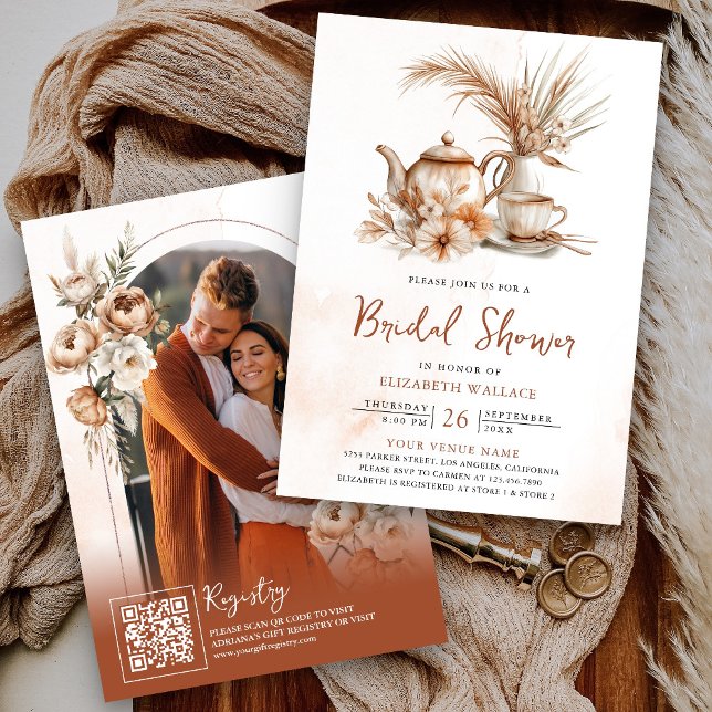 Invitación Código QR de Fiesta de Té Floral de Terracota para (Subido por el creador)