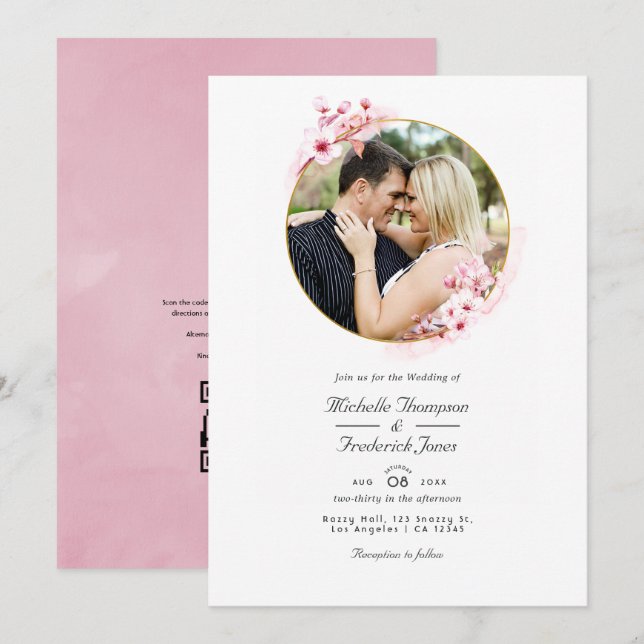 Invitación Código QR de flor de cerezo rosa RSVP Boda de prim (Anverso / Reverso)