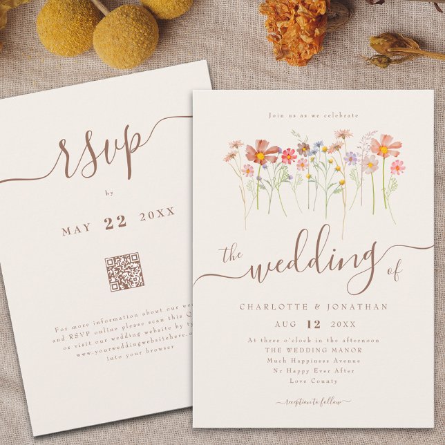 Invitación Código QR de Flor Floral Beige Floral Meadow (WILDFLOWER MEADOW BOHO FLORAL BEIGE WEDDING QR CODE INVITATION WATERCOLOR AUTUMN FLOWERS FALL COLORS)