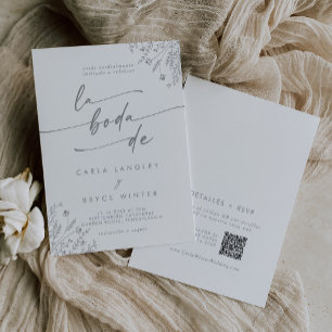Invitación Código QR de Flor Silvestre Gris Boho Boda Español