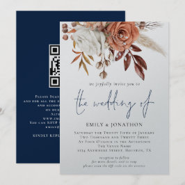 Invitación Código QR de Florales Boho Azul Marino Boda de Inv