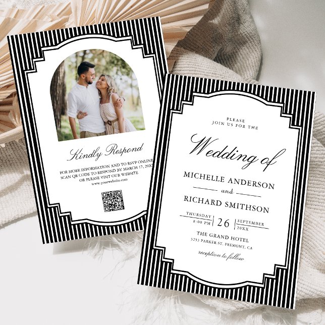 Invitación Código QR de foto a rayas en blanco y negro para b (Subido por el creador)