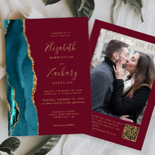 Invitación Código QR de Foto Ágata Verde Dorado Burgundy Boda
