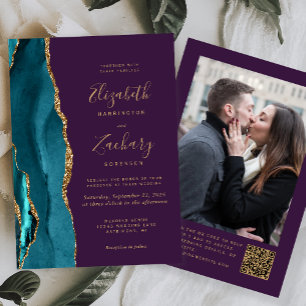 Invitación Código QR de Foto Bodas Ágata Dorada Púrpura Azul