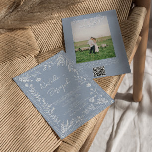 Invitación Código QR de Foto Botánica Floral Azul Azureo para