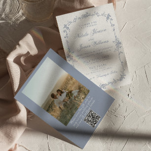 Invitación Código QR de Foto Botánica Floral Azul Polvoriento