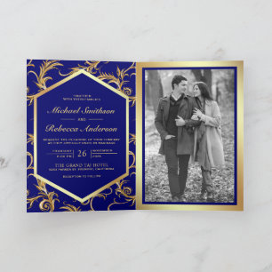 Invitación Código QR de Foto con Florecimiento Dorado Azul Re