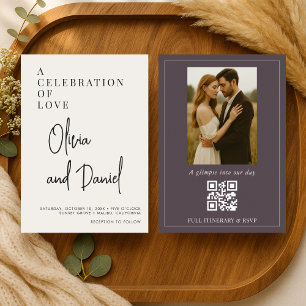 Invitación Código QR de foto con letra morada ciruela para bo