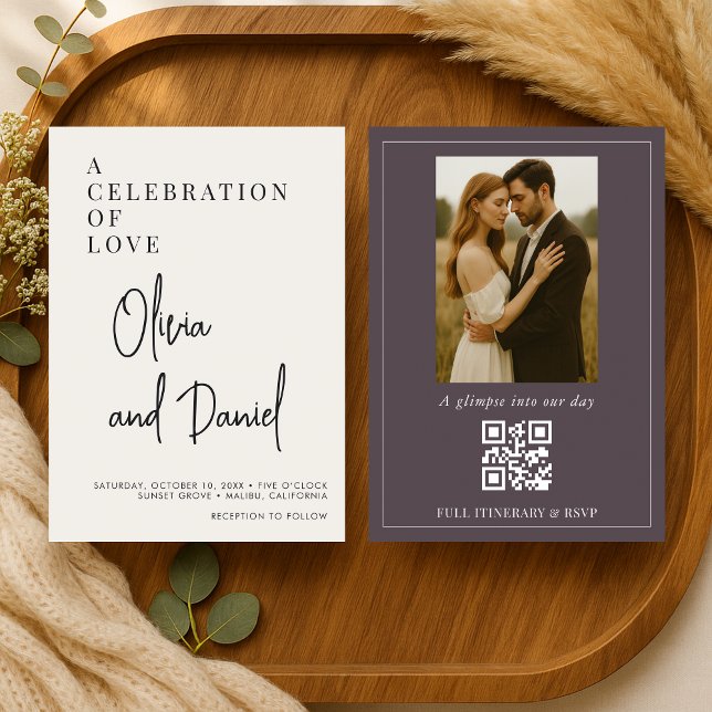 Invitación Código QR de foto con letra morada ciruela para bo (Subido por el creador)