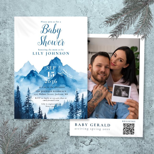 Invitación Código QR de foto de baby shower de montaña con ac (Blue Watercolor Mountain Baby Shower Photo QR Code Invitation)