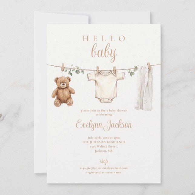 Invitación Código QR de foto de baby shower neutral de ropa t (Anverso)