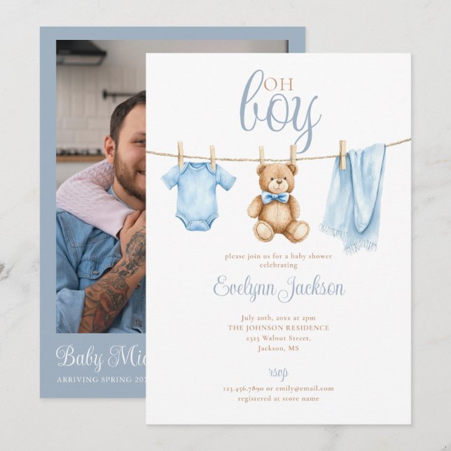 Invitación Código QR de foto de Baby Shower Oh Boy Blue Cloth (Anverso / Reverso)