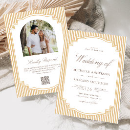 Invitación Código QR de Foto de Boda a Rayas Clásicas Beige y