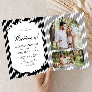 Invitación Código QR de foto de boda a rayas en blanco y negr