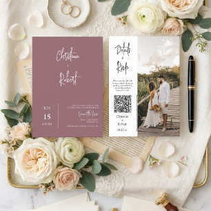 Invitación Código QR de Foto de Boda Boho Moderno Polvo Púrpu