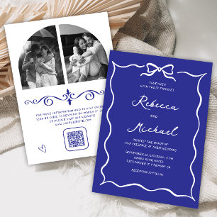 Invitación Código QR de foto de boda con lazo blanco azul rea