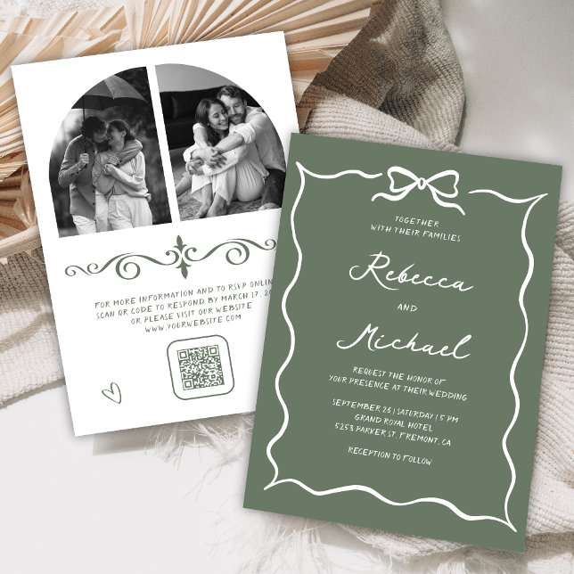 Invitación Código QR de foto de boda con lazo blanco verde sa (Subido por el creador)