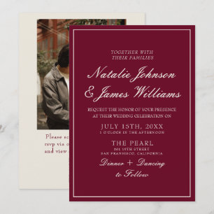 Invitación Código QR de foto de boda de Burgundy clásico dine