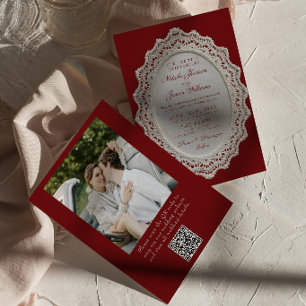 Invitación Código QR de foto de boda de encaje borgoña vintag