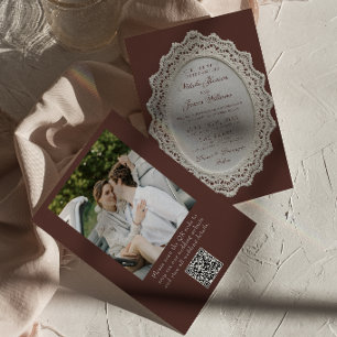 Invitación Código QR de foto de boda de encaje de espresso vi