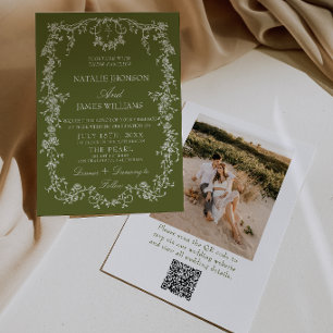 Invitación Código QR de Foto de Boda de Jardín Verde Oliva Fl