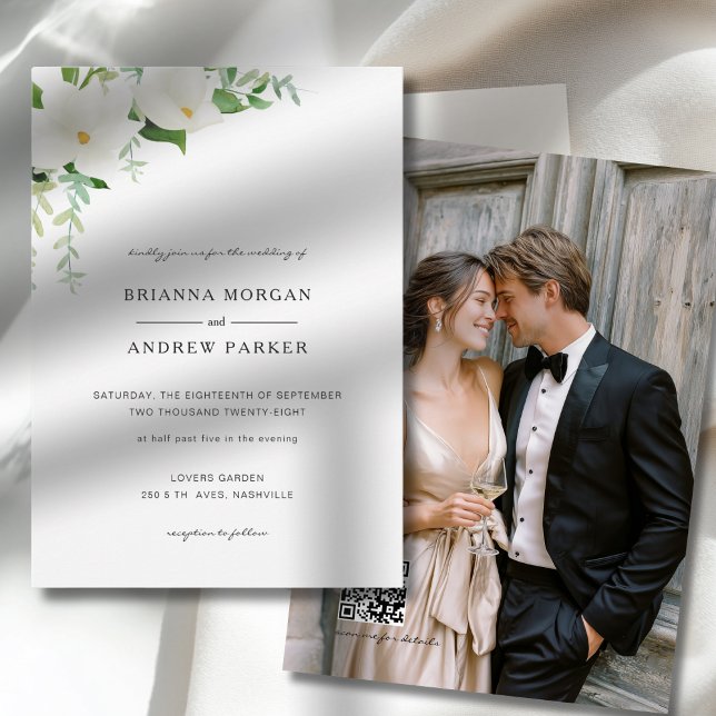 Invitación Código QR de foto de boda de magnolia floral elega (Elegant Floral Magnolia Wedding Photo QR Code Invitation)