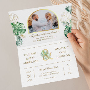 Invitación Código QR de Foto de Boda de Palma Monstera Dorada