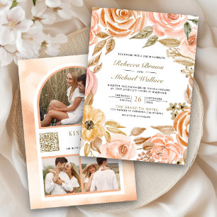 Invitación Código QR de Foto de Boda Floral Terroso Otoño de