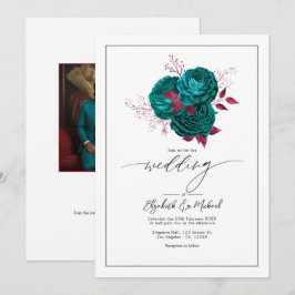 Invitación Código QR de Foto de Boda Floral Turquesa y Borgoñ